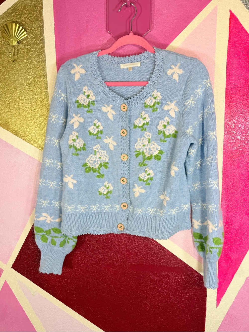 LoveShackFancy Blue Floral Rose Bow Intarsia Knit Cardigan Scalloped M